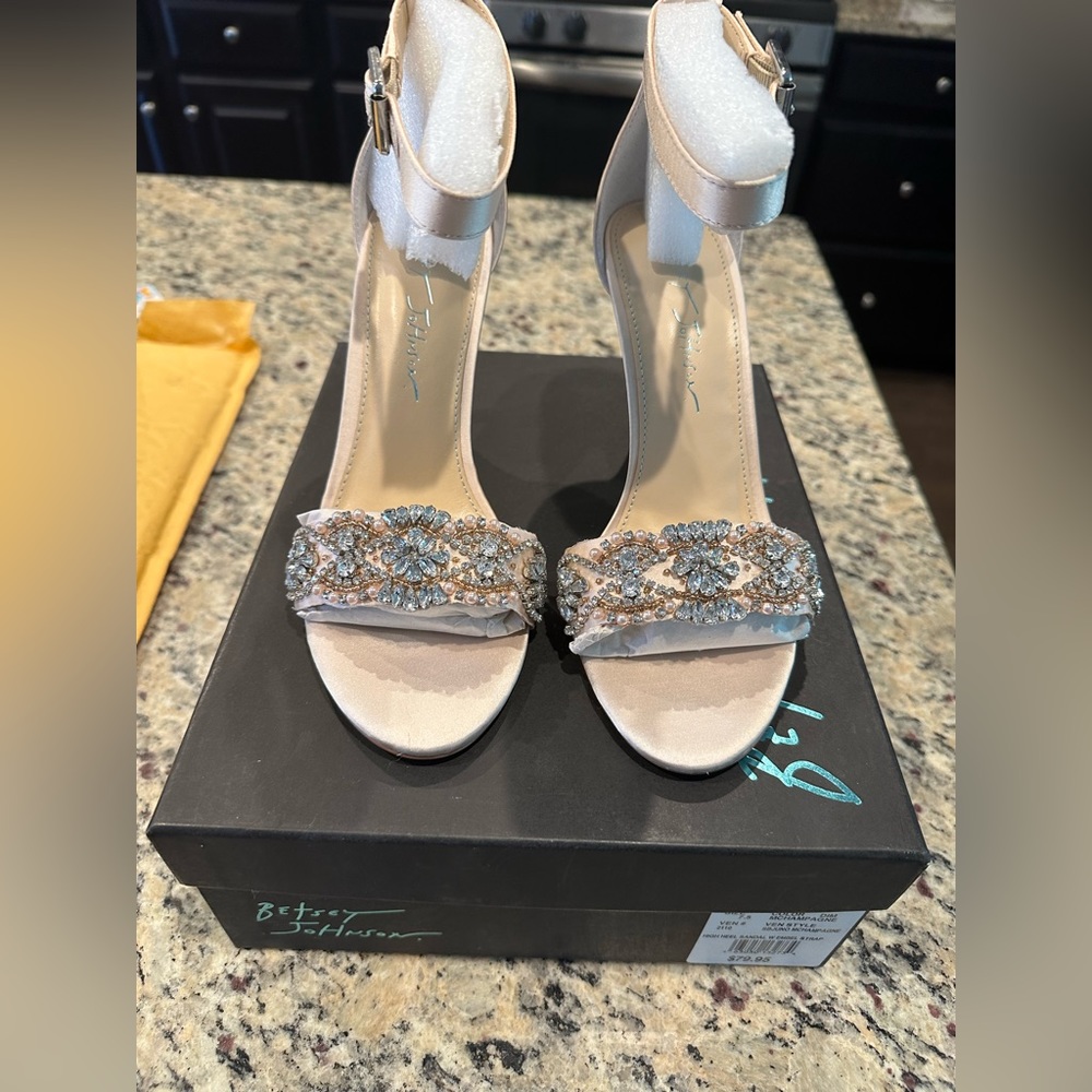 Betsey Johnson embellished high heel sandals with ankle strap, size 7.5